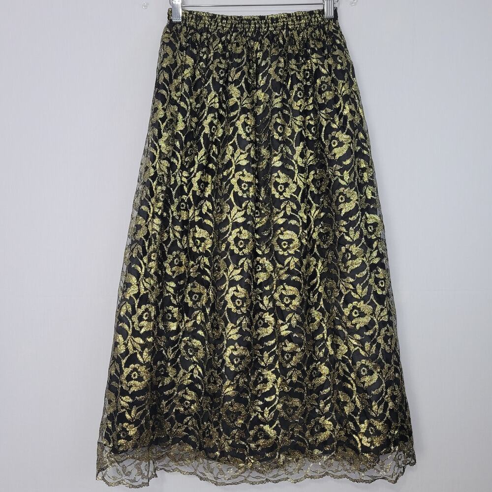 Vintage 80s/90s Floral Pull On Midi Skirt size M Black Gold Whimsigoth Fairy USA